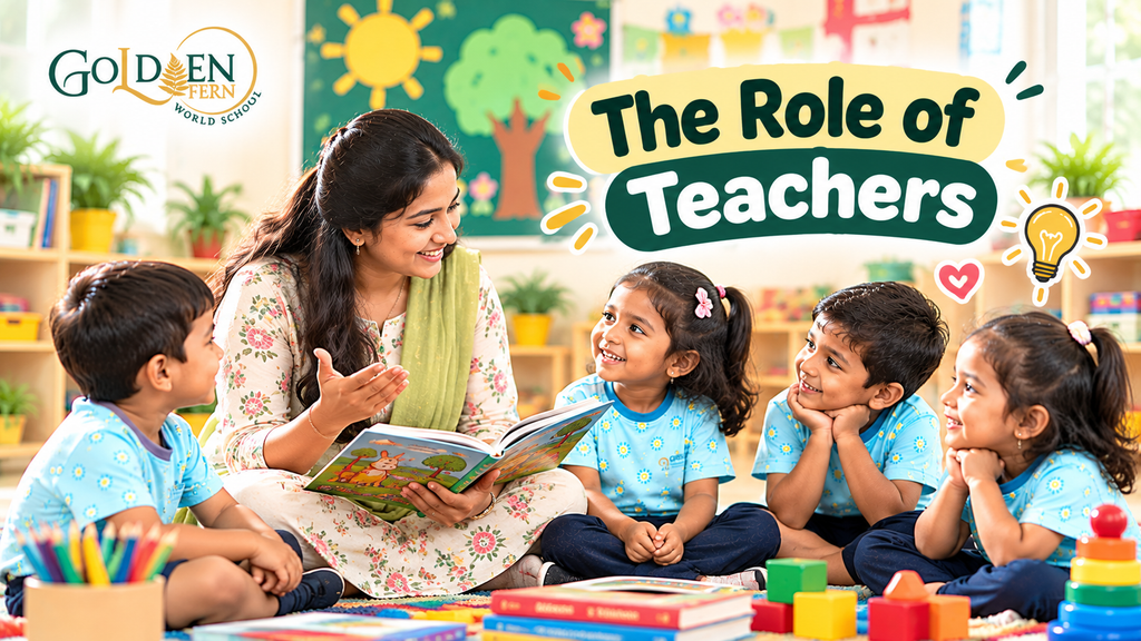 Teacher guiding young children through storytelling and learning activities in a pre-primary classroom.