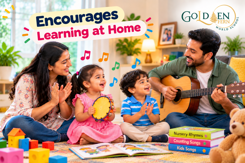 Parents sing and play guitar with their children at home: nursery rhymes encourage learning at home