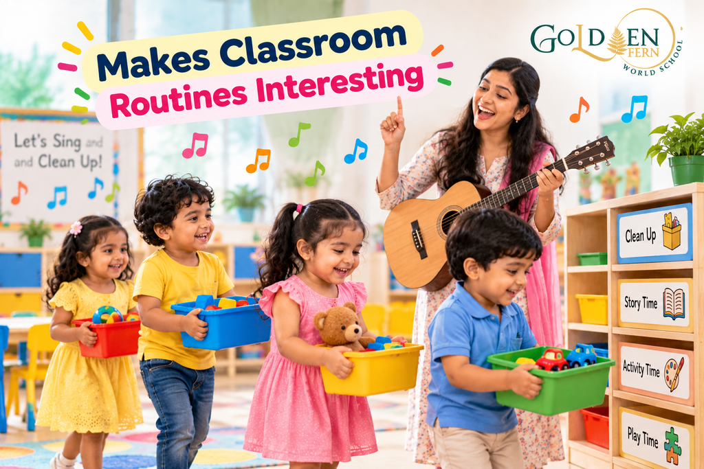 Children carry toy boxes while their teacher plays guitar: a clean-up song makes classroom routines fun