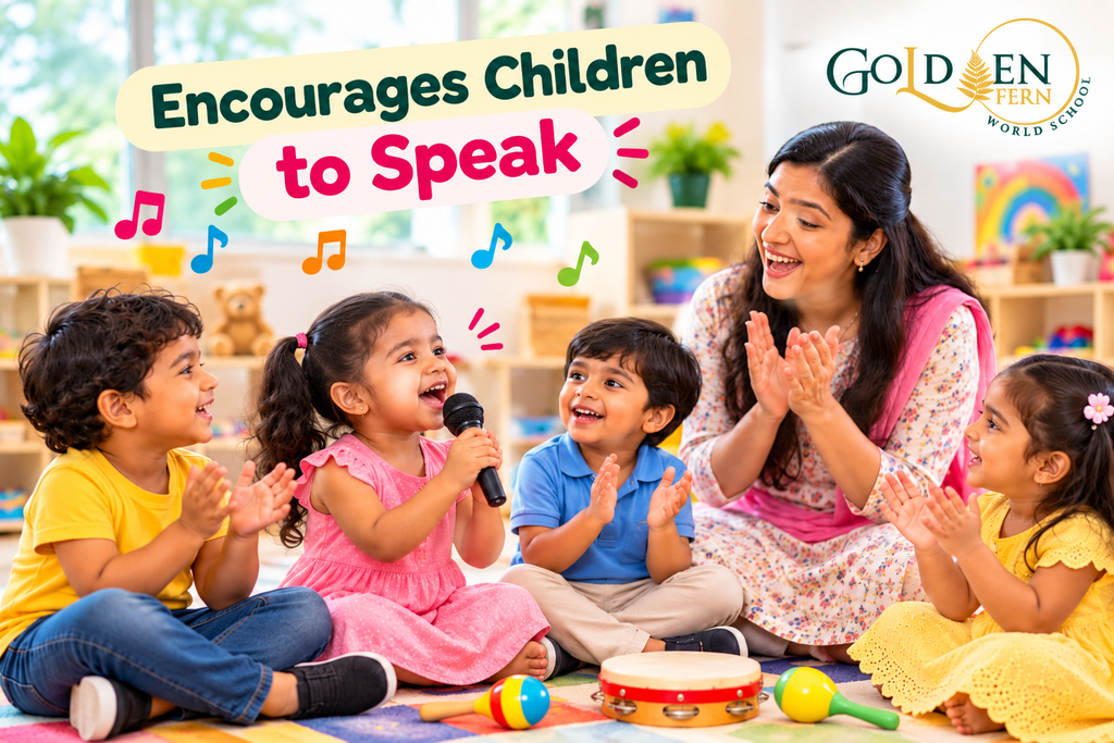 A girl sings into a toy microphone while her teacher and classmates clap: rhymes encourage children to speak