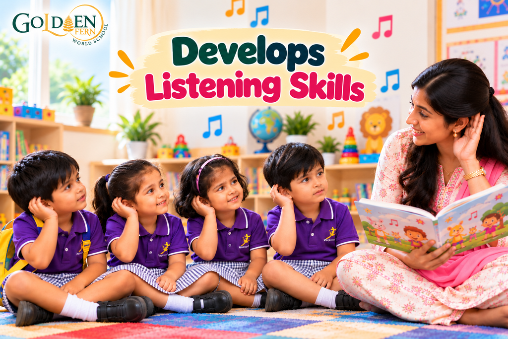 Preschool children listening as their teacher reads a story: music and rhymes develop listening skills