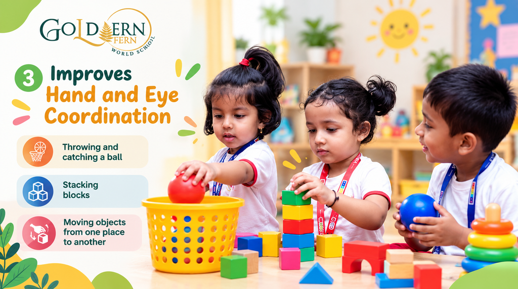 Pre-primary children developing hand and eye coordination through ball play and block activities