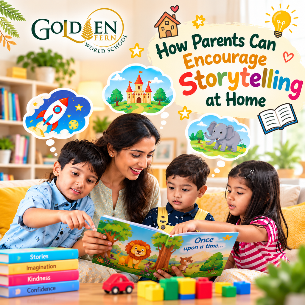 Parent reading a storybook with children at home to encourage storytelling and imagination