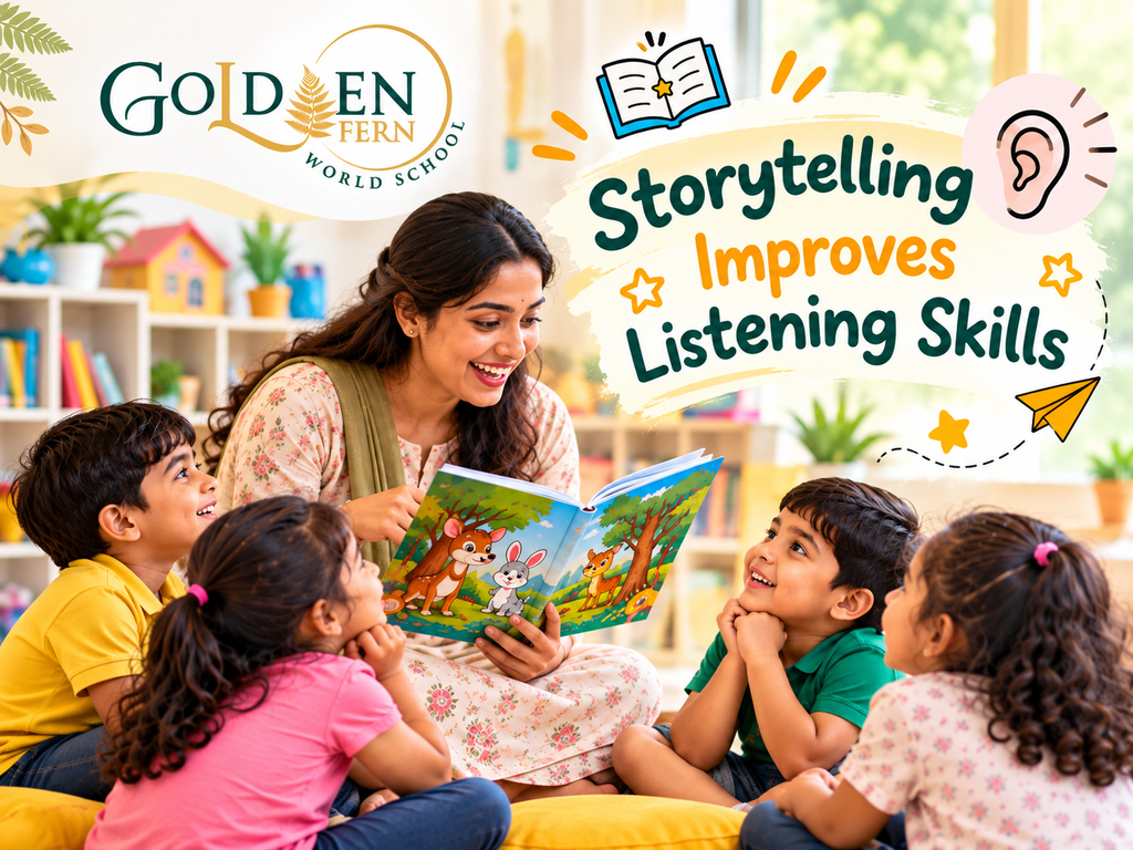 Teacher reading a storybook to children to improve listening skills at Golden Fern World School