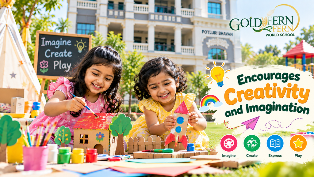 Children developing creativity and imagination through outdoor activities at Golden Fern World School