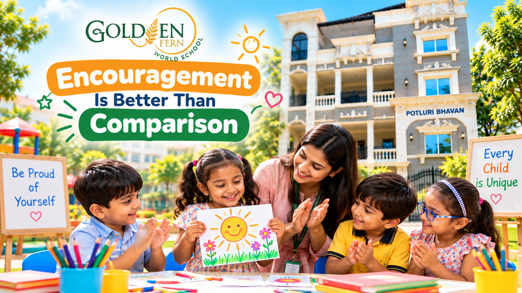 Teacher encouraging children during a creative activity, showing why encouragement is better than comparison in early childhood education.