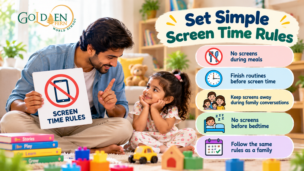Father teaching his young daughter simple screen time rules at home