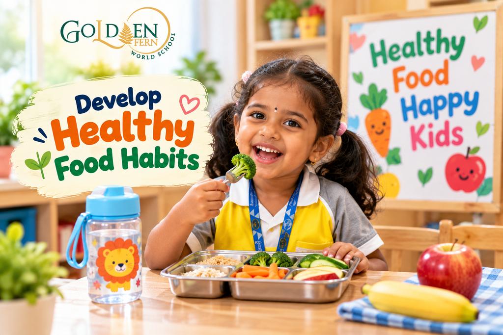 Child learning healthy food habits with nutritious foods at Golden Fern World School