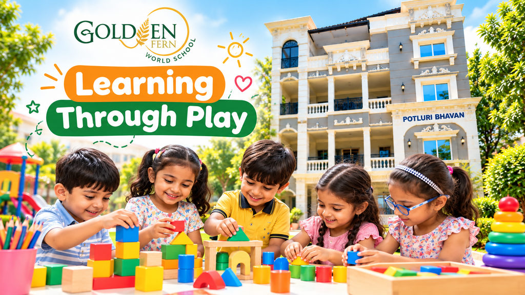 Children learning through play with colorful educational blocks at Golden Fern World School