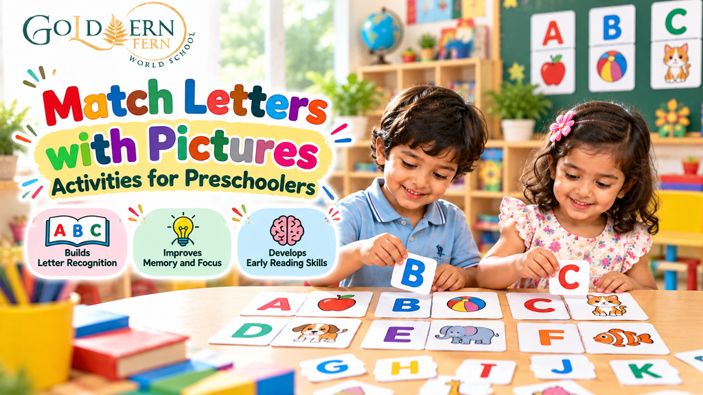 Preschool children matching letters with pictures during a classroom learning activity