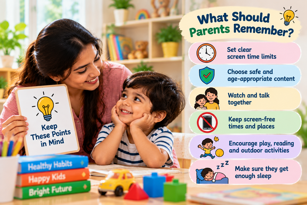 Parent and child learning healthy screen time habits and balanced daily routines.