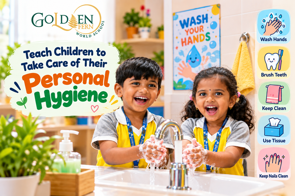 Children learning personal hygiene habits at Golden Fern World School