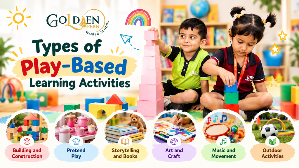 Children exploring different types of play-based learning activities at Golden Fern World School