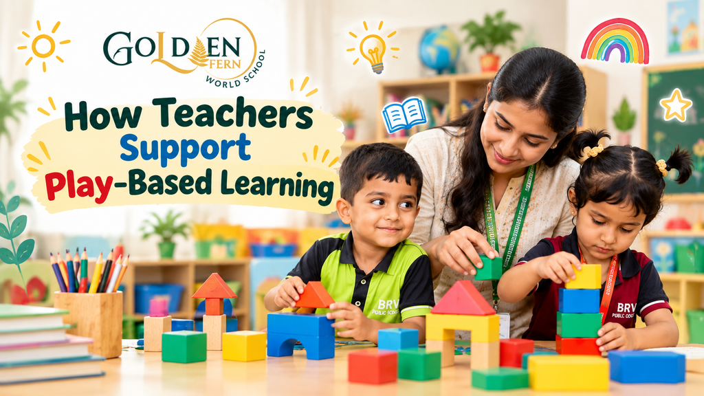 Teacher supporting children during play-based learning activities at Golden Fern World School