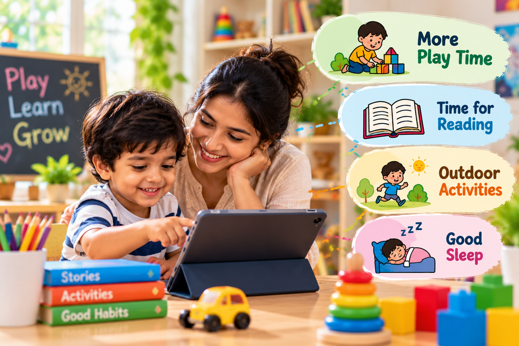 Parent helping a young child choose age-appropriate educational screen content.