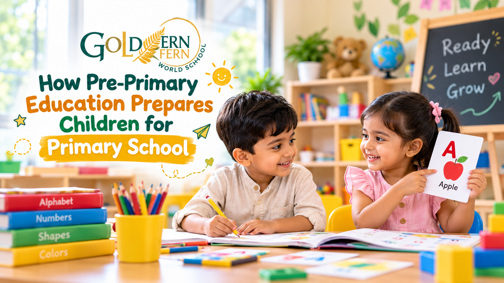 Children learning in a pre-primary classroom as they prepare for primary school through reading, writing, and interactive activities.