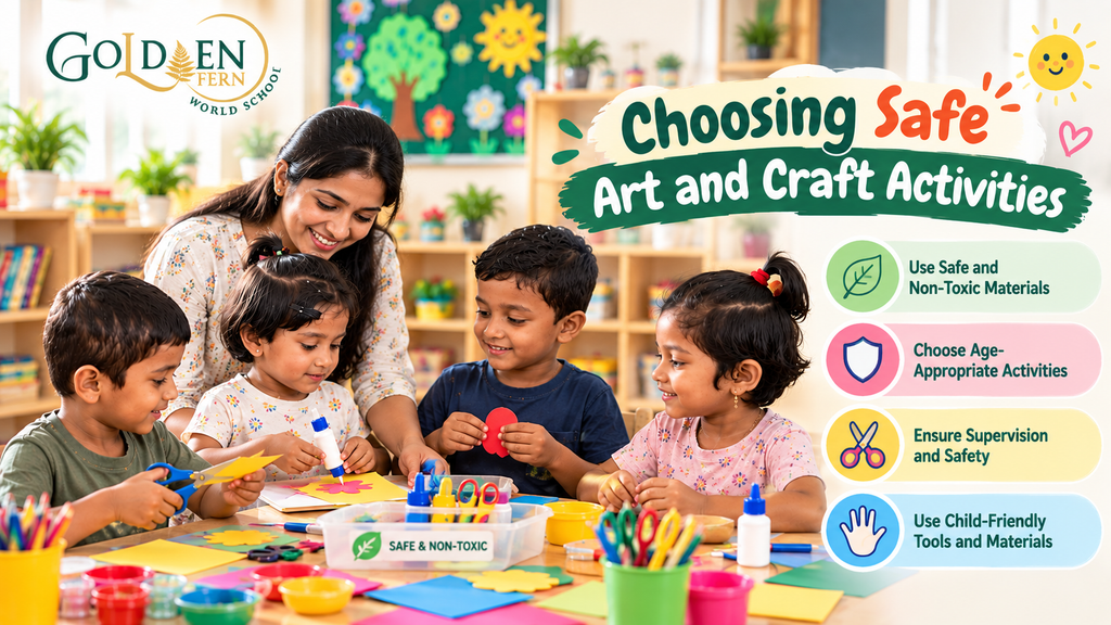 Children and teacher choosing safe art and craft activities in a preschool classroom