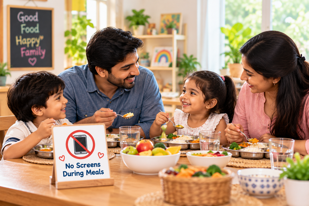 Family enjoying a screen-free meal together with young children