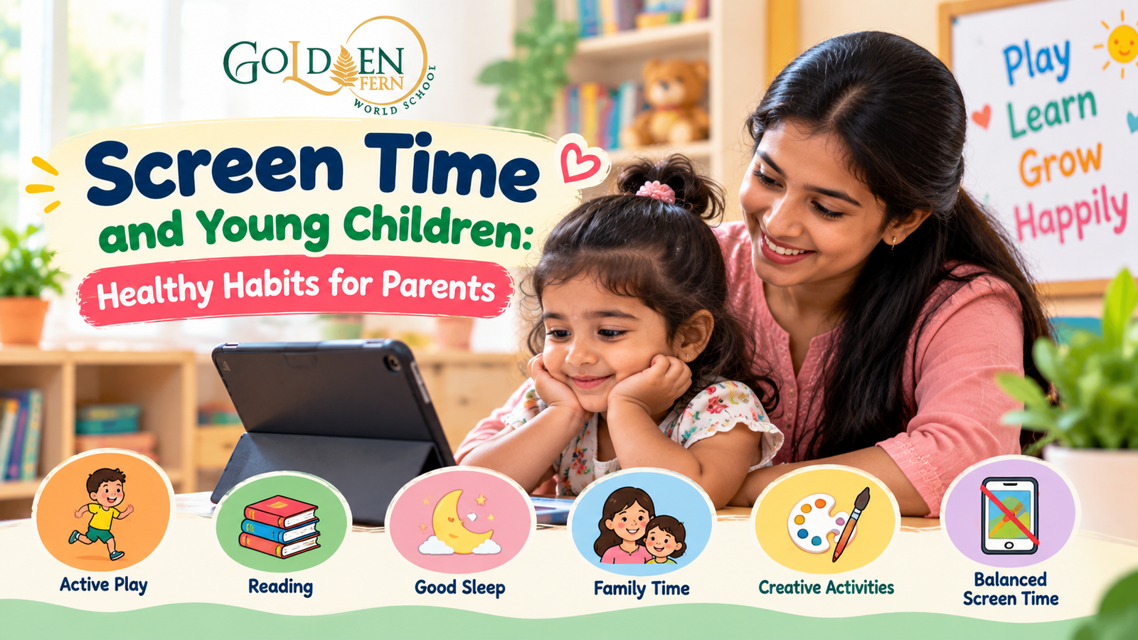 Parents helping young children develop healthy screen time habits