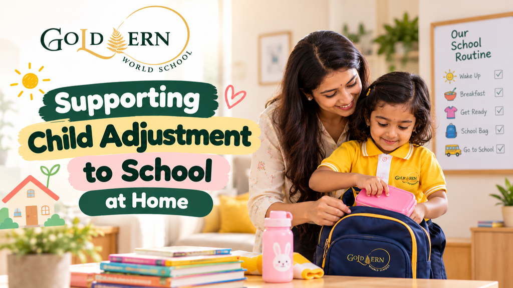 Mother helping child adjust to school at home
